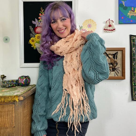 Vintage Chunky Oversized Sweater, 1970s Hand Knit Blue Crewneck, OS Plus Sz - Picture 10 of 10